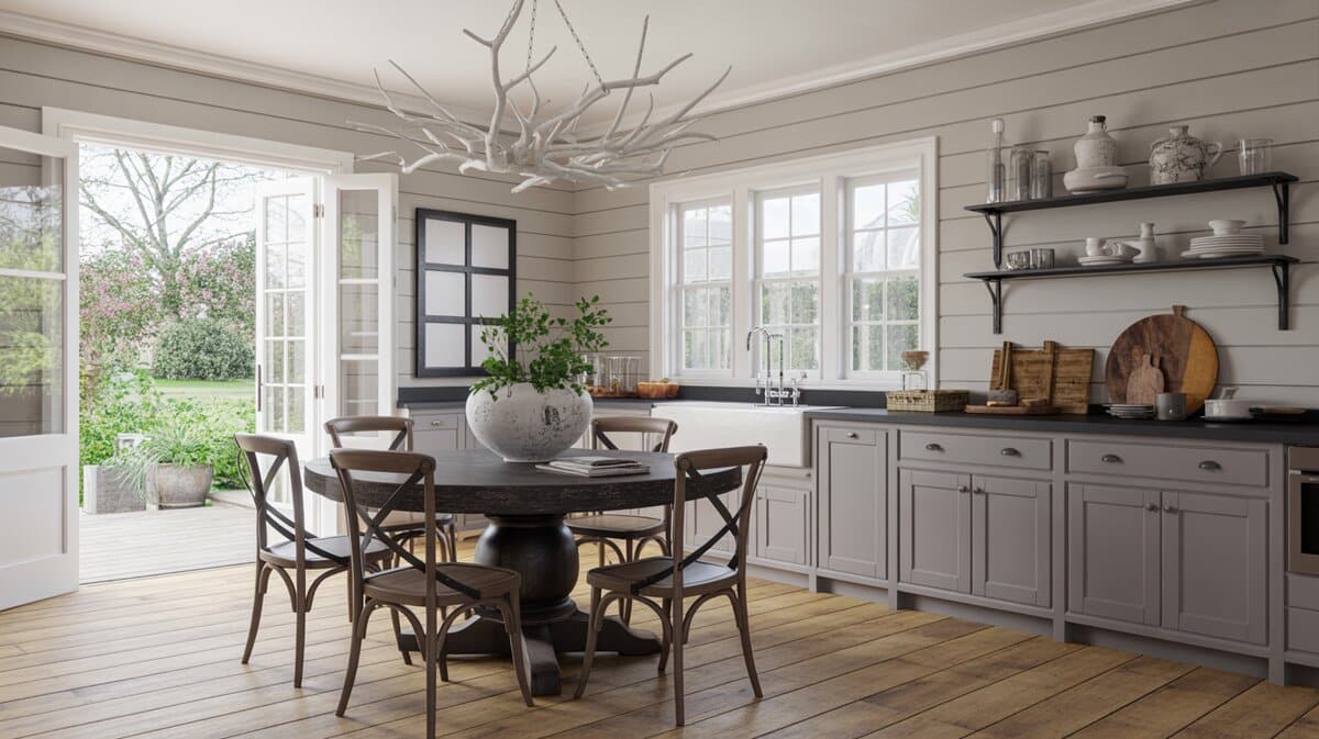 Eclectic kitchen dining with gray shiplap walls round pedestal table and antler chandelier