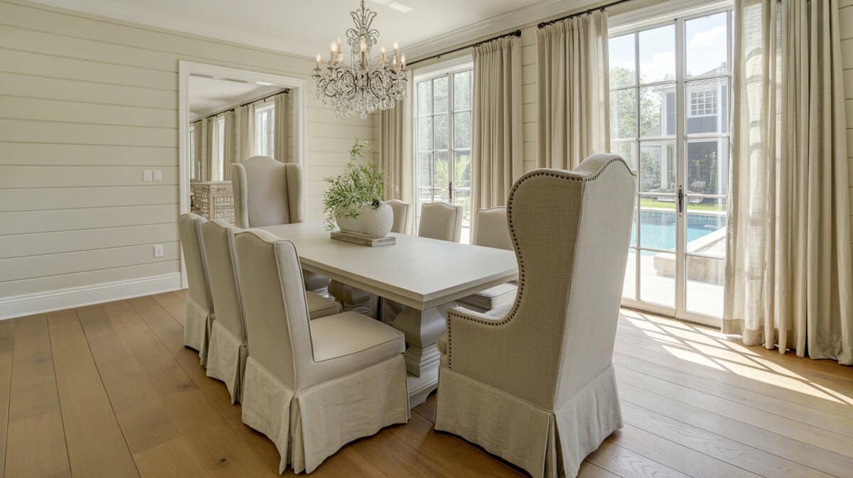 Elegant shiplap dining room with skirted linen chairs crystal chandelier and pool view beyond