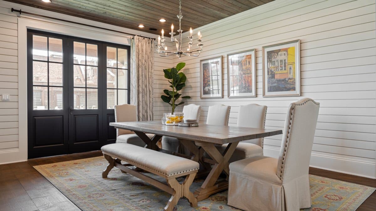 Farmhouse dining room with white shiplap walls painted wood plank ceiling and trestle table