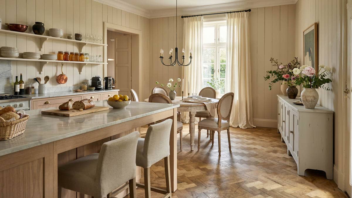 French country kitchen and dining space with vertical shiplap in mushroom and thin iron chandelier