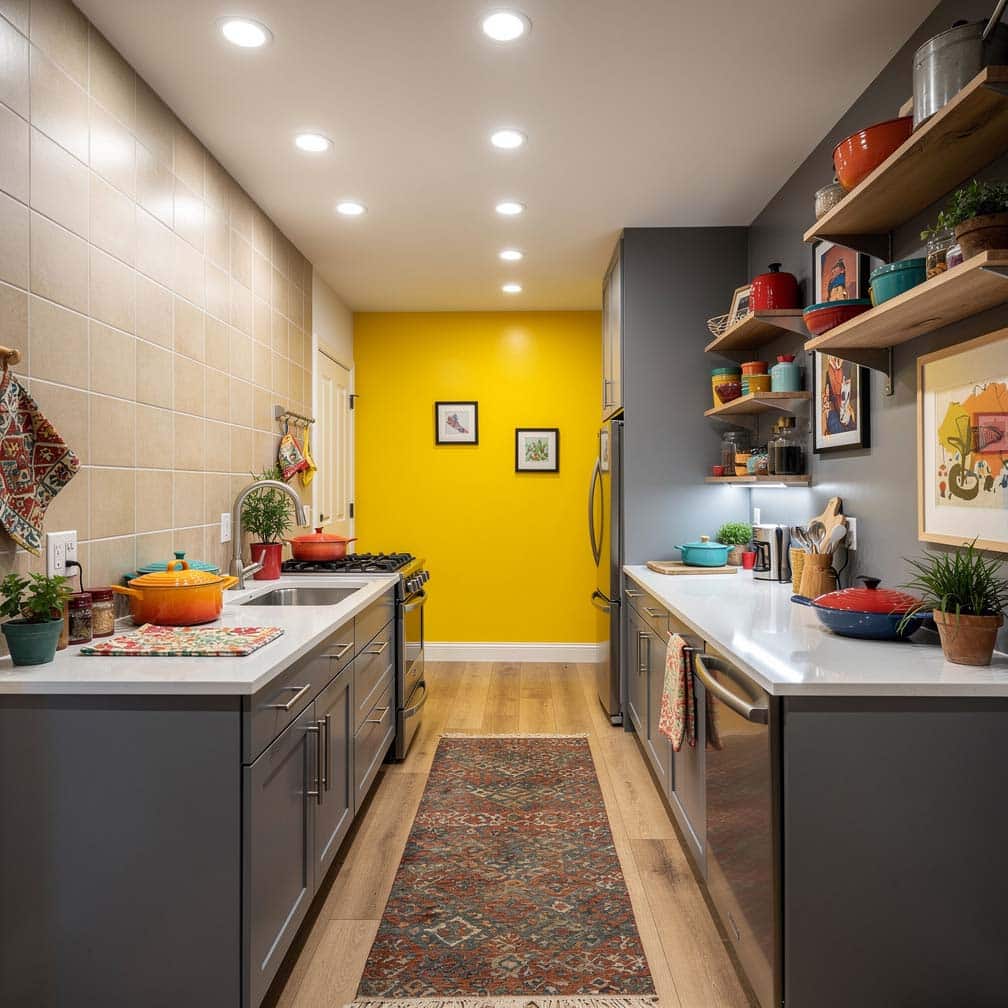 eclectic galley kitchen has beige tile walls with gray paint and a yellow statement wall. Recessed lighting throughout