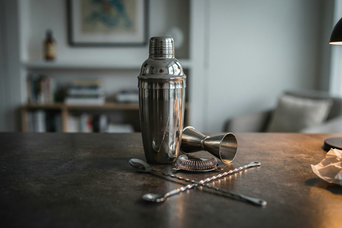 Steel cocktail shaker jigger and bar spoon resting on dark stone
