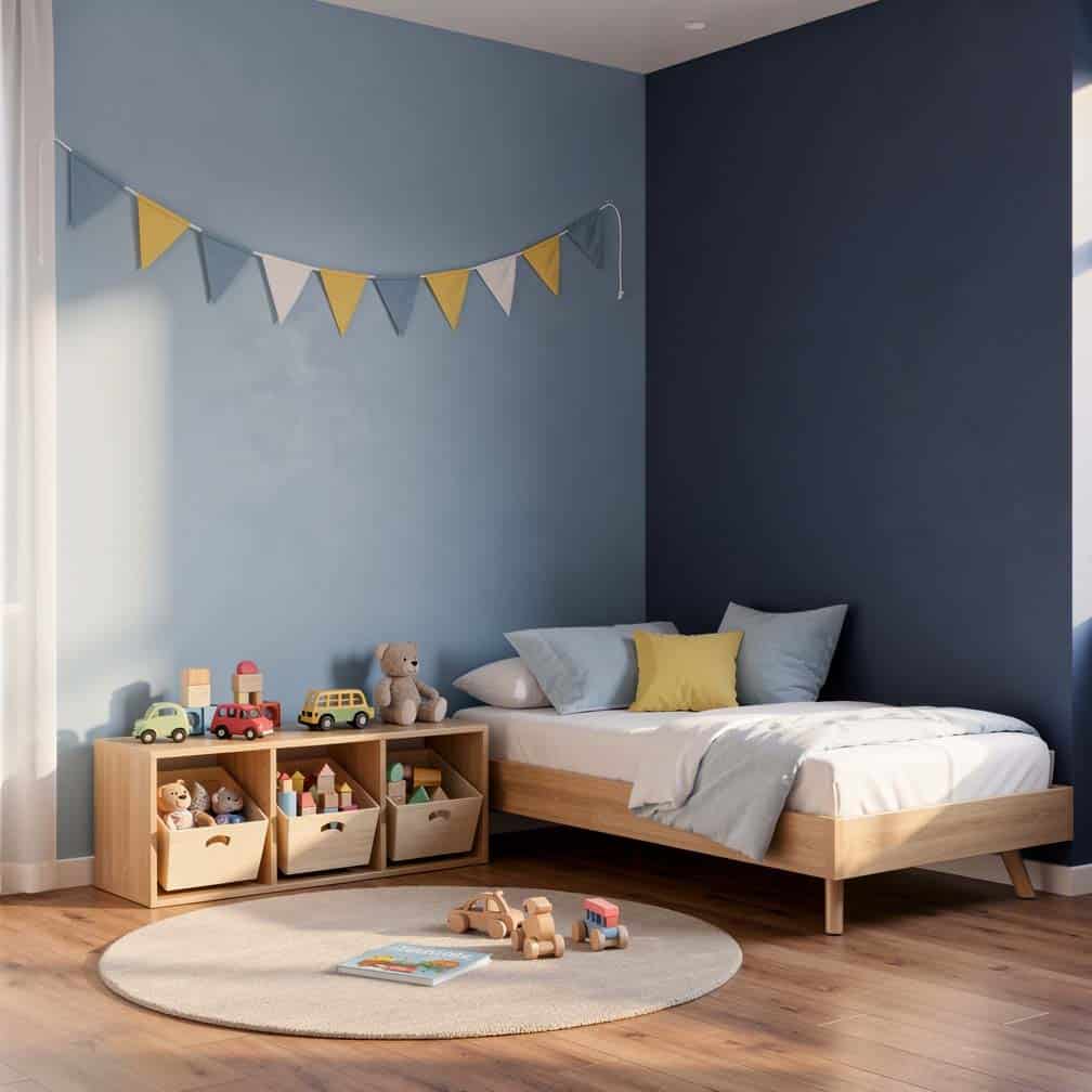 kid's bedroom showcases how you can use two types of blue colors to create an inviting design. A light powder blue is