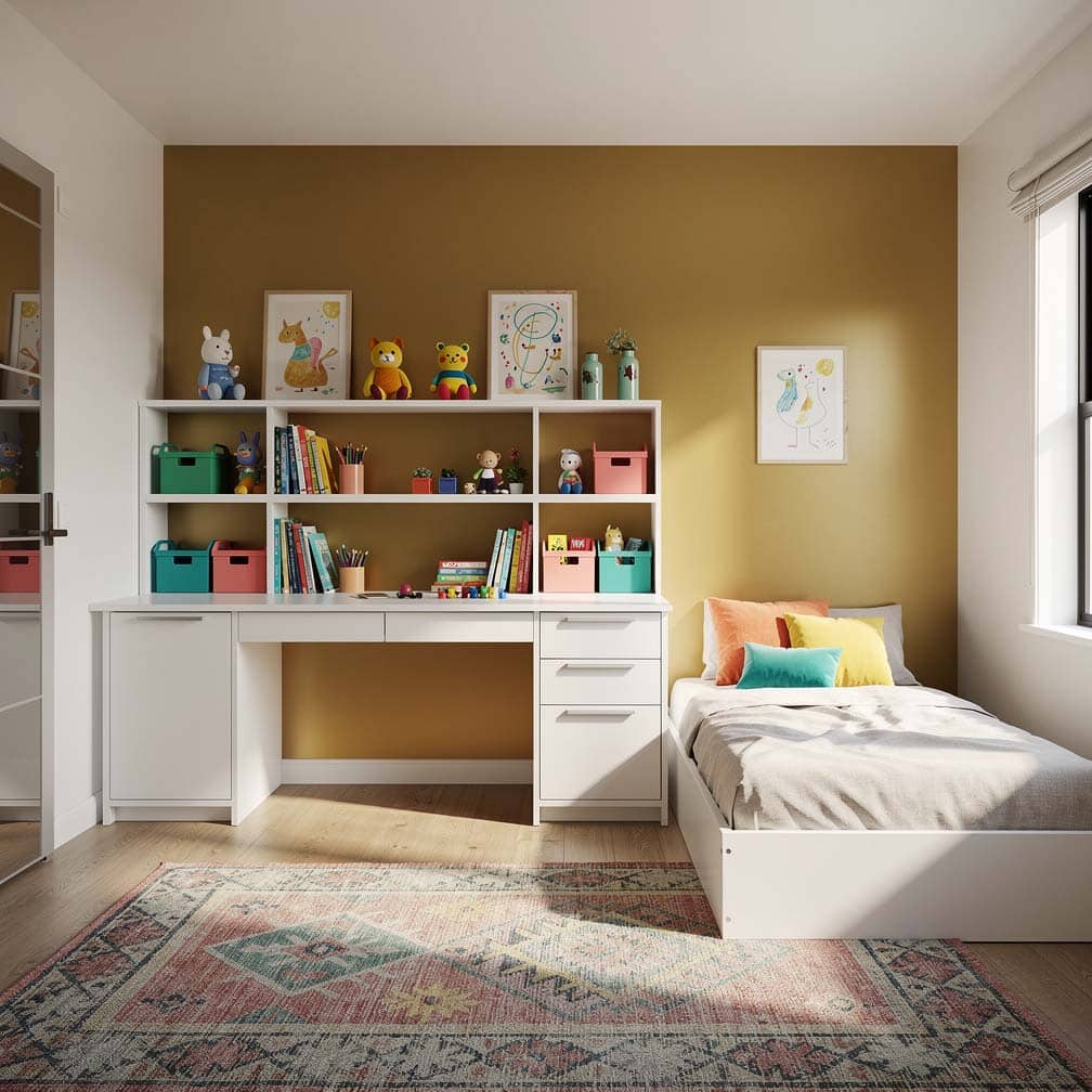 cheerful kids' room features a gold paint color palette with a built-in desk and feature wall in a dormer window.