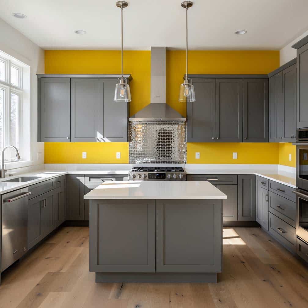 kitchen boasts a variety of feature shades with its bright yellow paint above a stainless steel mosaic backsplash and
