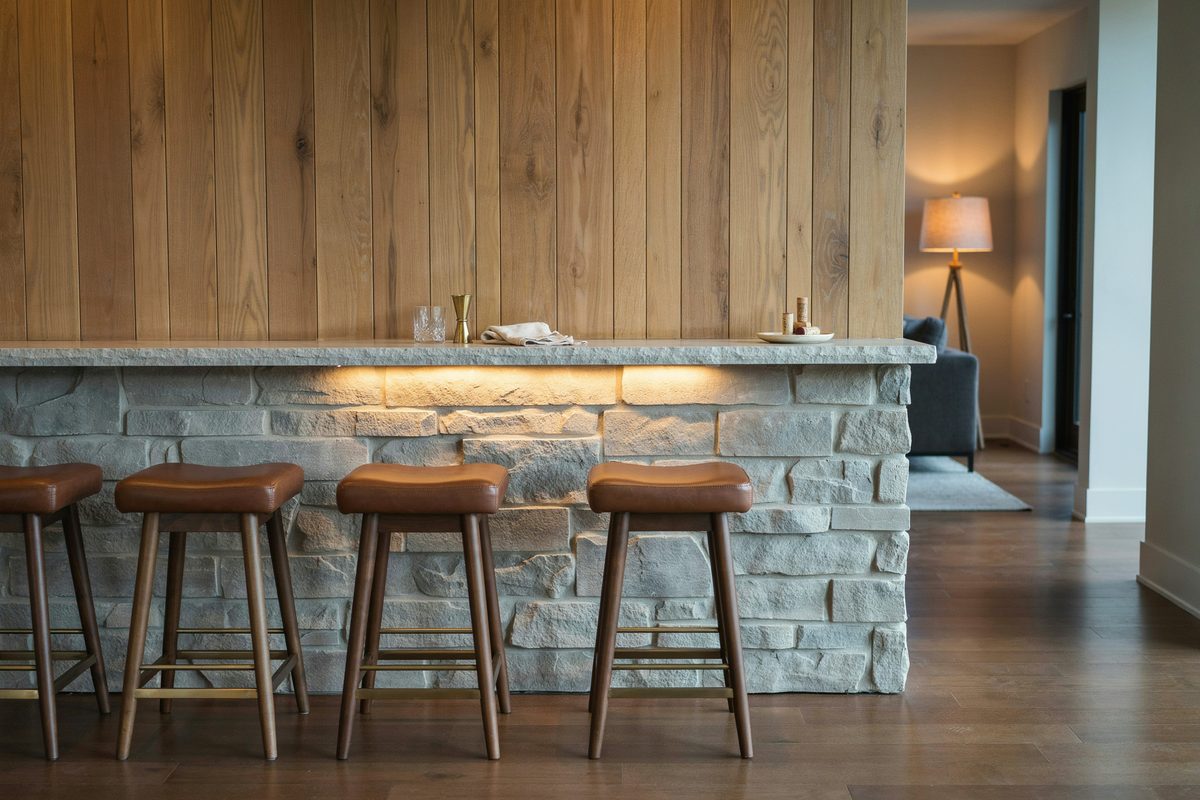 Stacked stone wet bar lit from below with tan leather counter stools