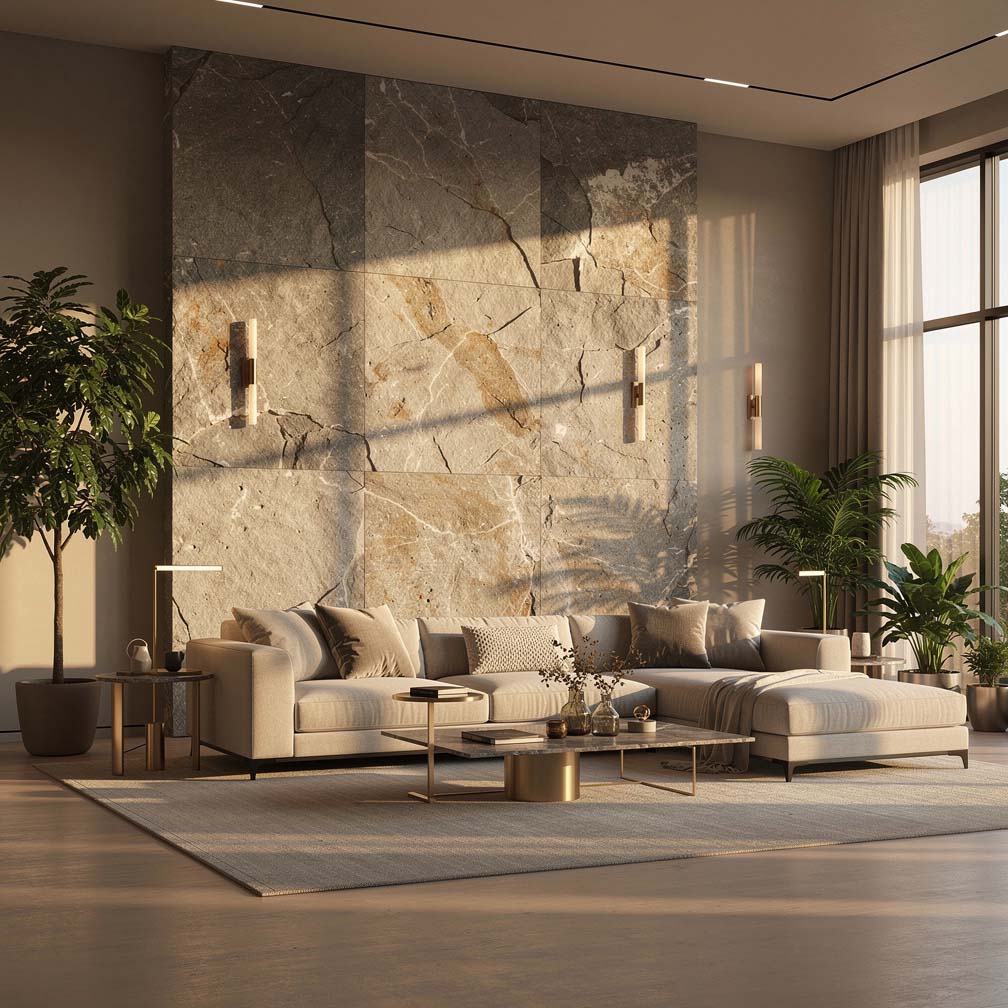 luxury living room has a stone feature backdrop that cohesively blends the colors of the wall paint with the flooring to