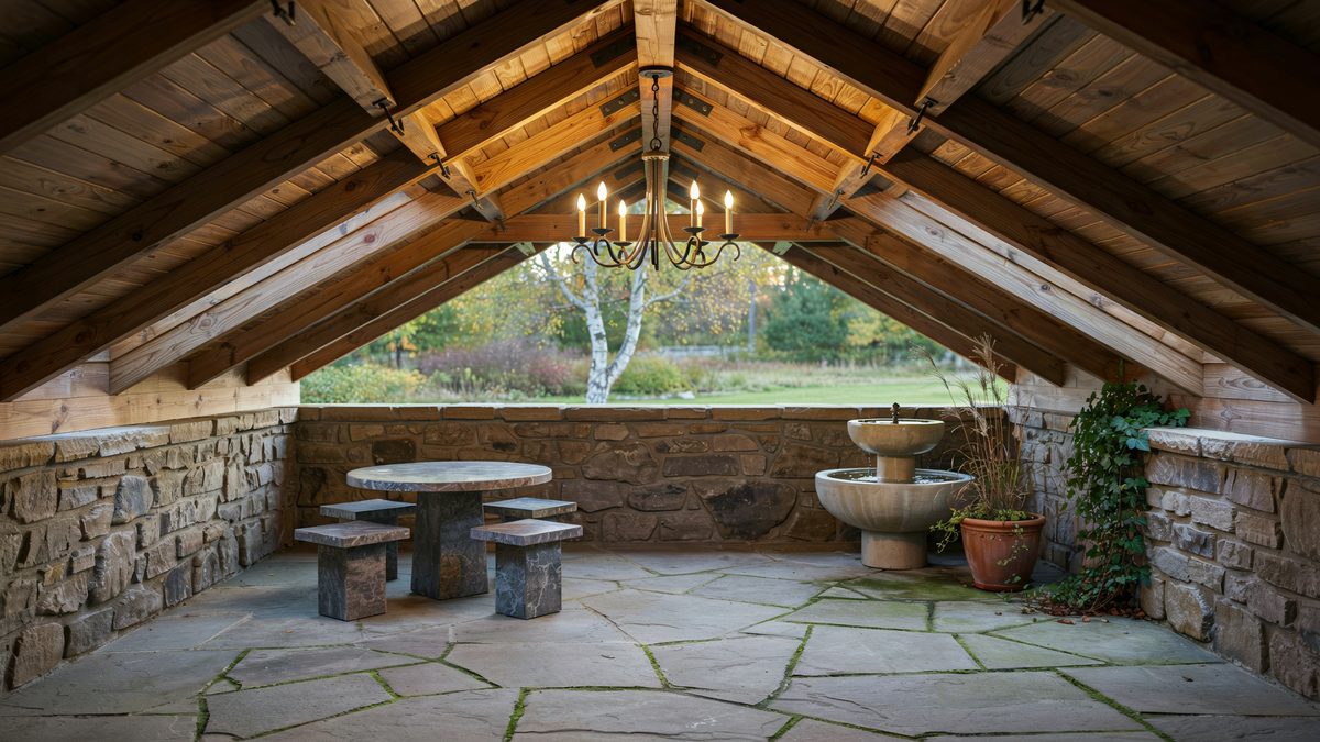 Covered flagstone patio with maple trusses, granite table and rustic chandelier