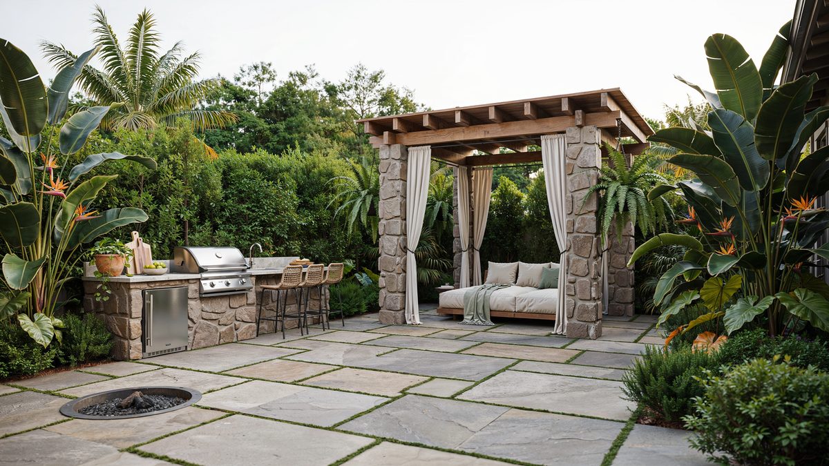 Flagstone patio with stacked stone gazebo, day bed and outdoor kitchen