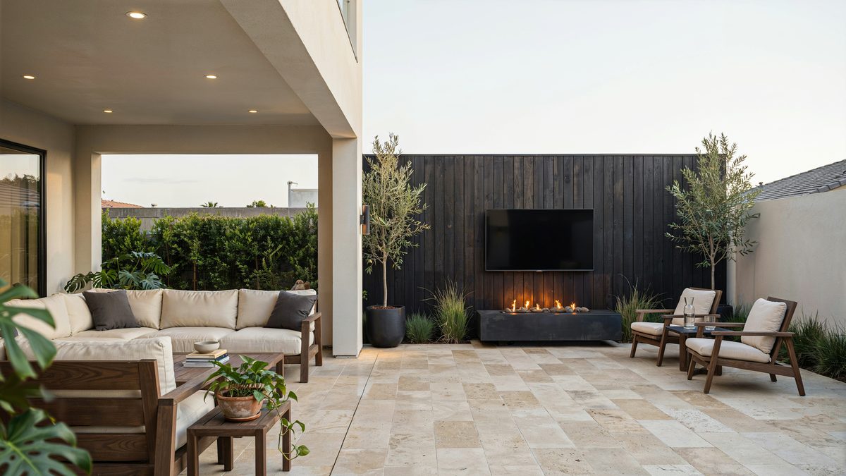 Covered lanai and open courtyard with television above a contemporary fire pit