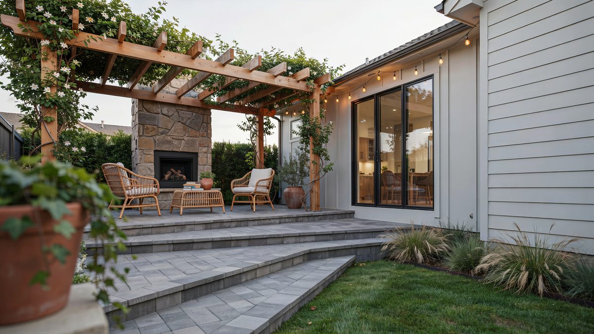 Three level paver patio with stone outdoor fireplace and wooden pergola above