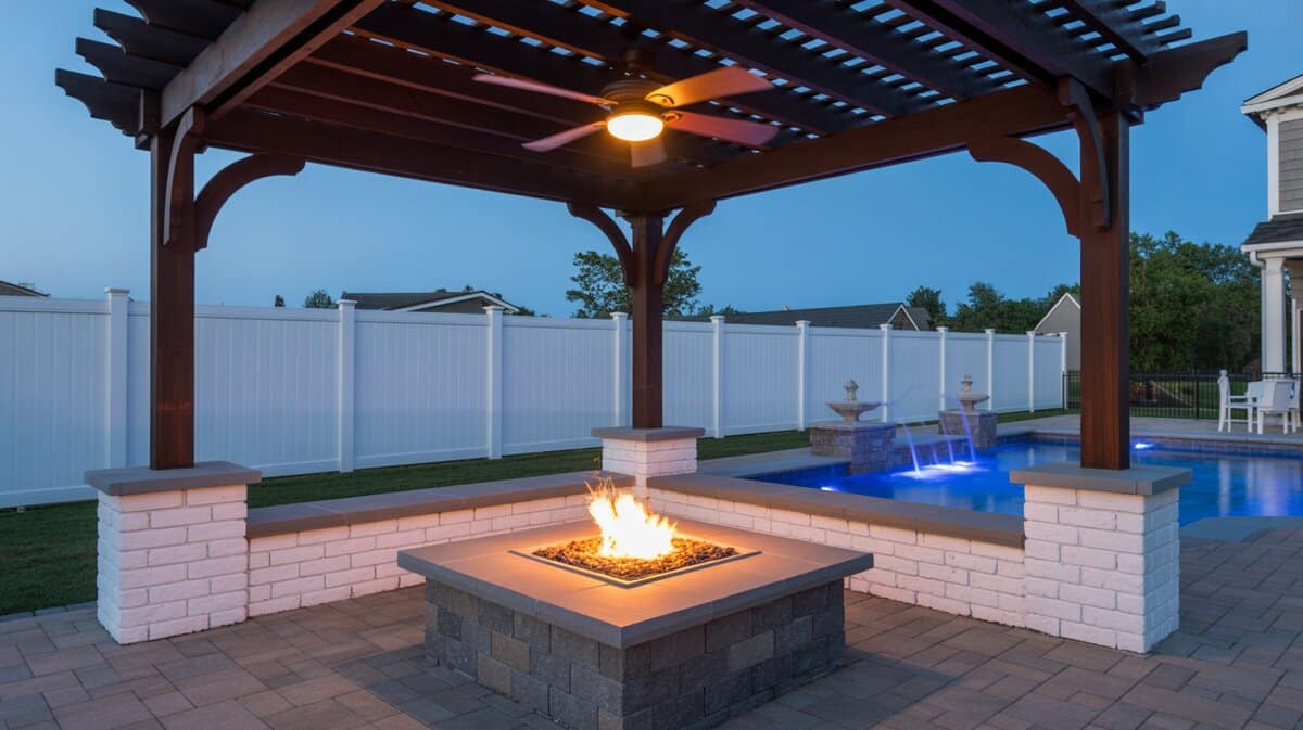 Dark mahogany pergola with ceiling fan over square stone gas fire pit beside illuminated pool at dusk