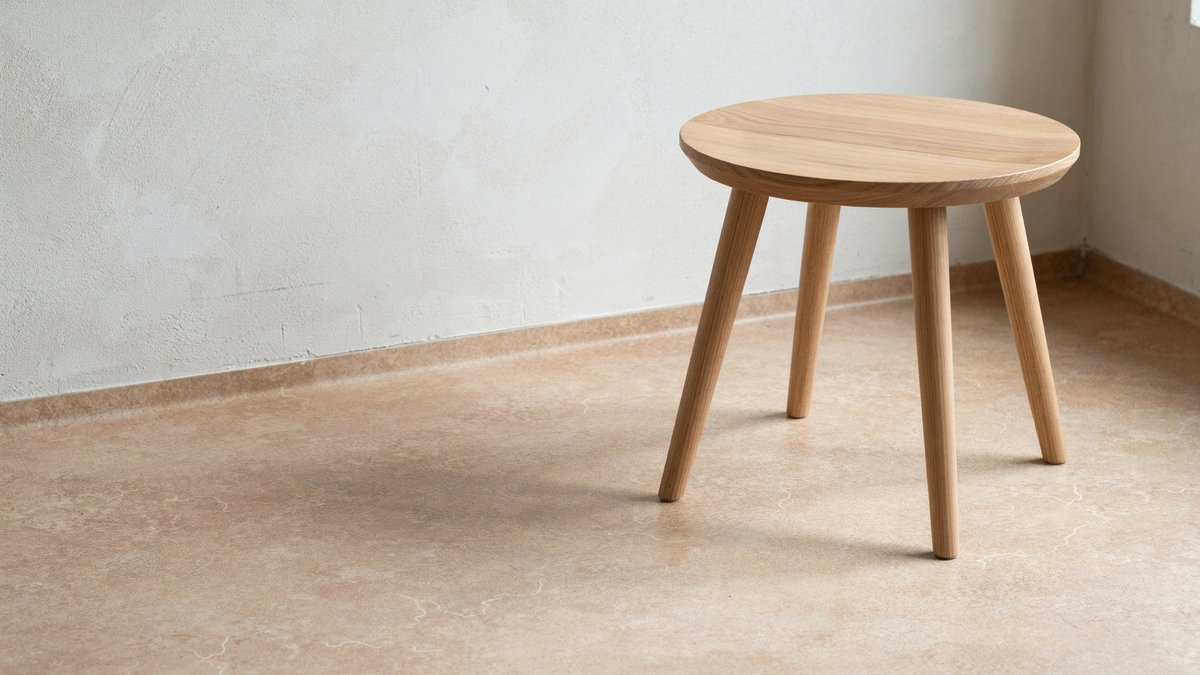 Oak stool resting on speckled marmoleum tile with cork backing