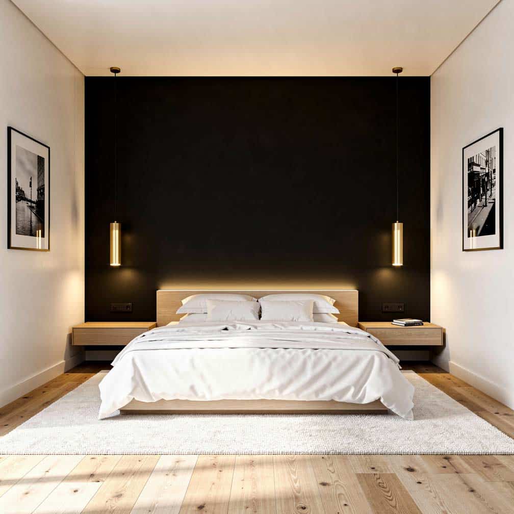 master bedroom offers a black accent wall contrasting against the off-white shade of the adjacent walls. Light wood