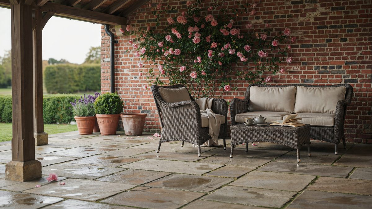 English patio with aged stone floors, brick walls and dark ash rattan