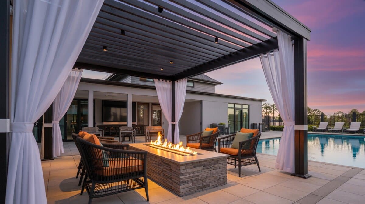 Modern pergola with sheer curtains, rectangular stone gas fire feature, and pool under vibrant sunset sky