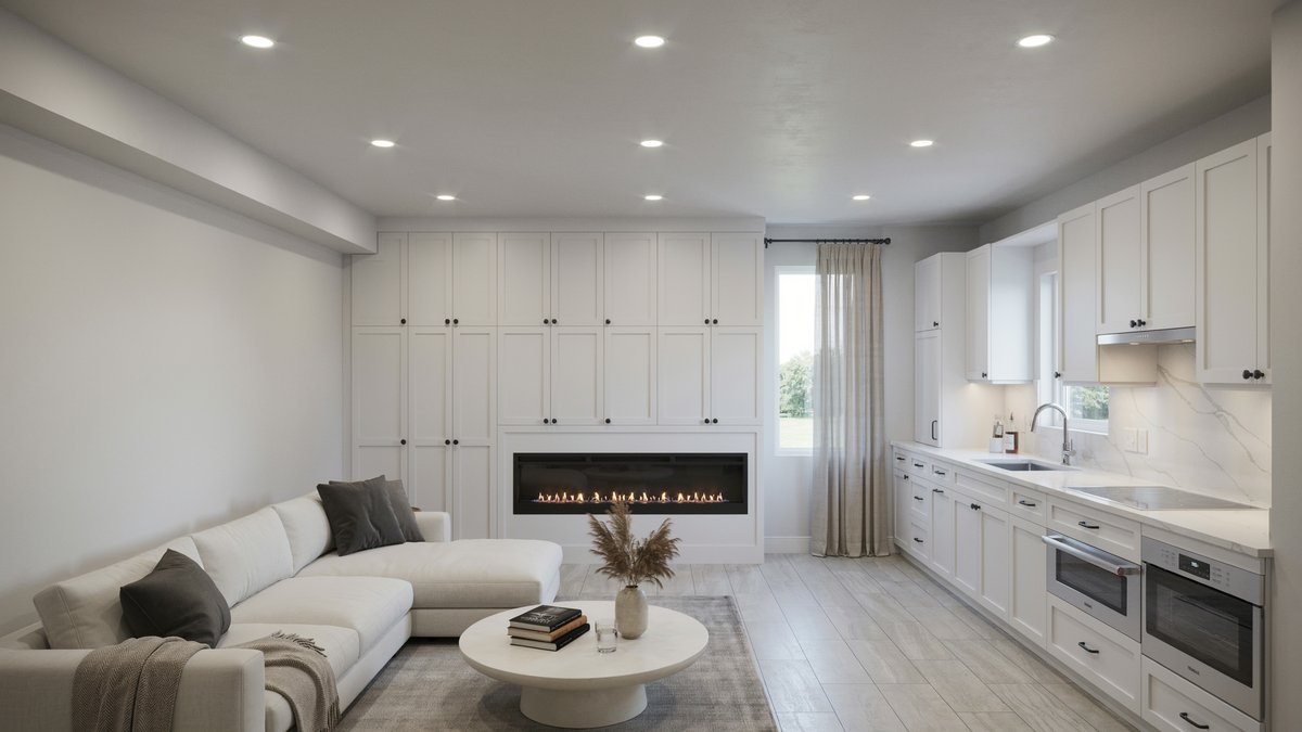 Wood look porcelain tile running past a linear fireplace and white kitchenette