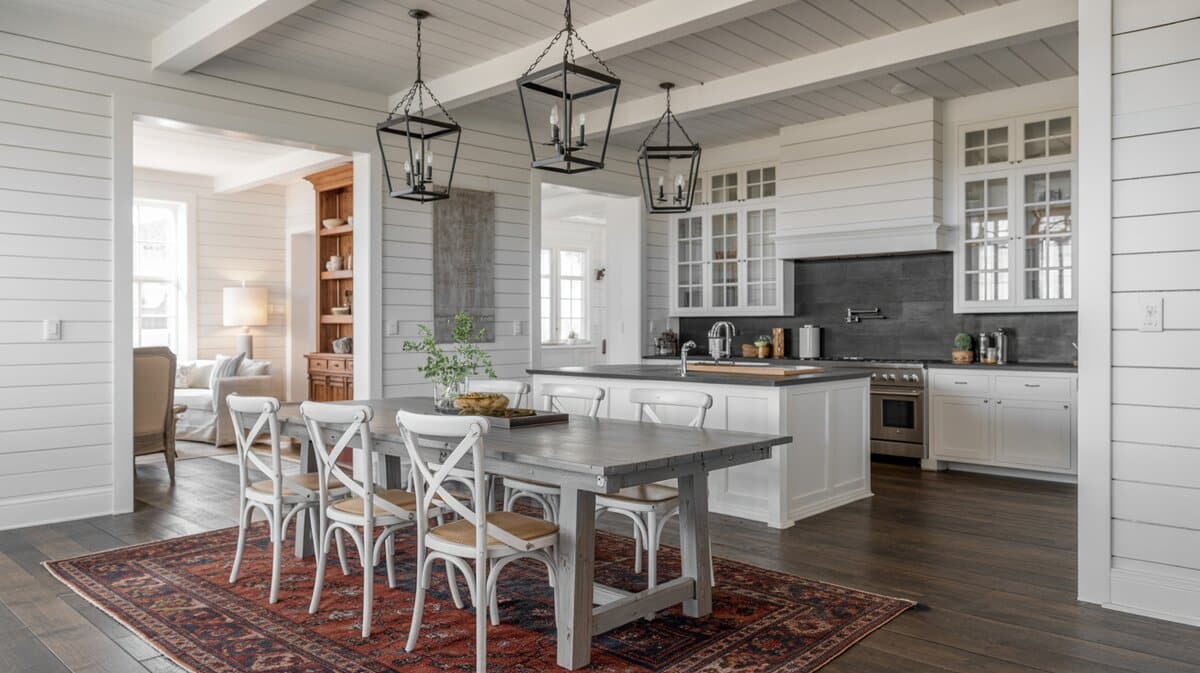Open plan shiplap kitchen and dining with black iron lantern pendants and gray weathered farm table
