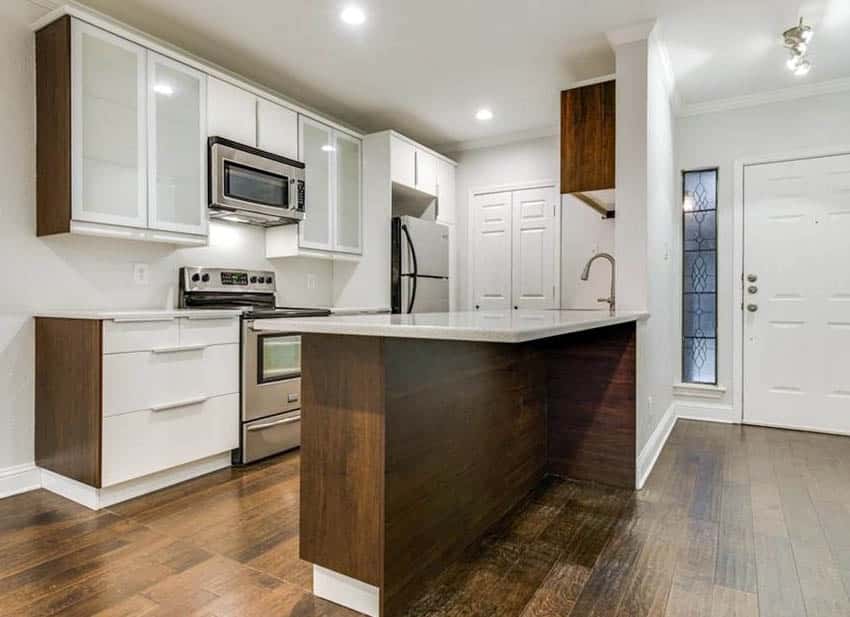 Modern galley kitchen with two tone cabinets peninsula