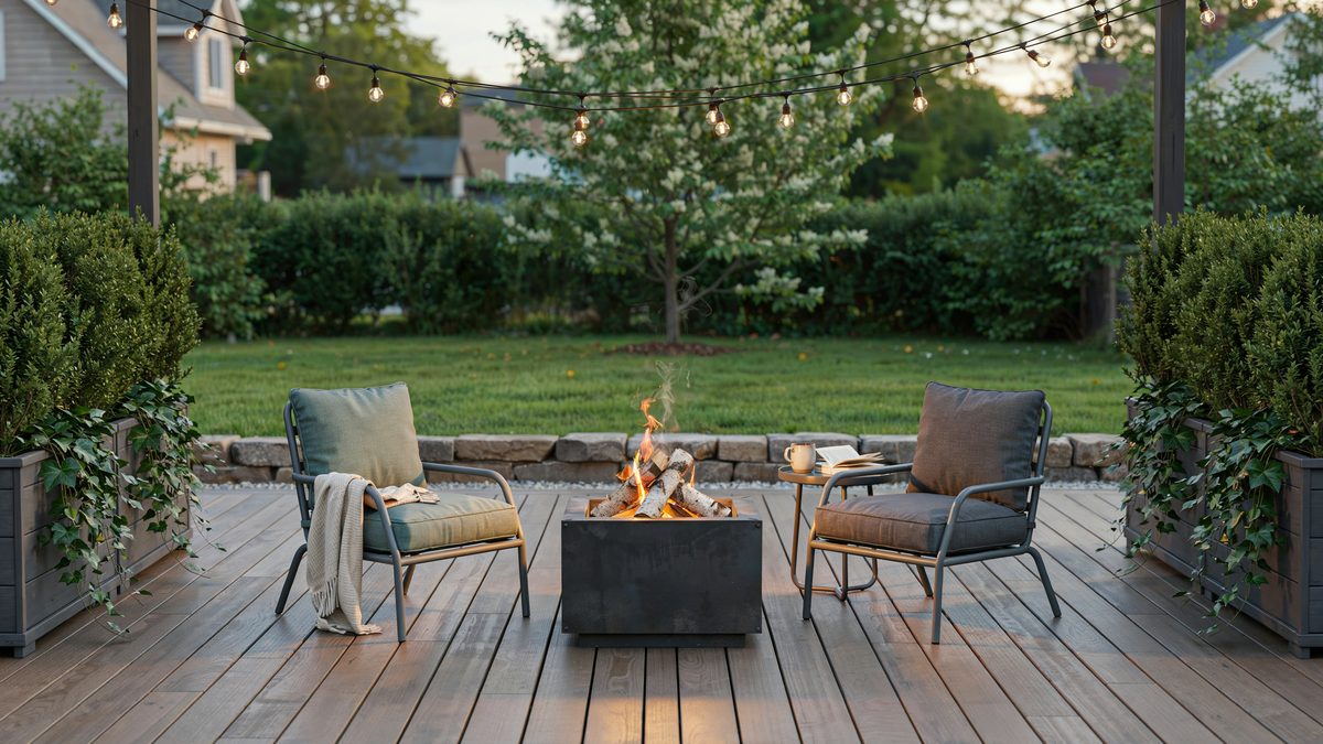 Garden patio with PVC decking, tall planters and a central fire pit