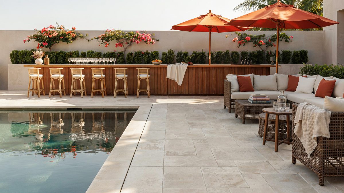Poolside bar patio with stools, orange umbrellas and dark brown sectionals