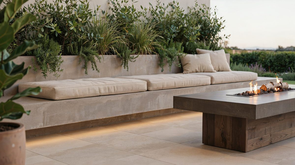 Concrete bench seating attached to planter boxes around a long fire pit table
