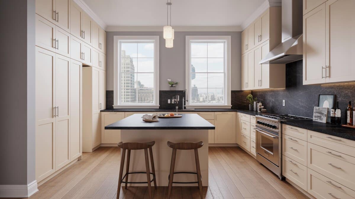 Sleek cream flat-panel kitchen with black granite countertops, center island, two wooden bar stools and city skyline view