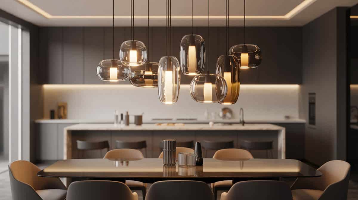 Clustered hanging lights over a long table