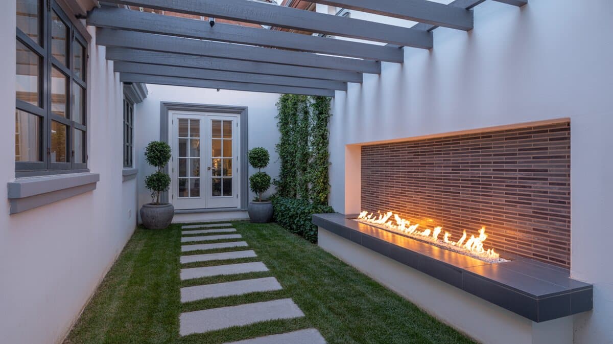 Gray pergola over narrow courtyard with linear gas fire trough built into brick wall beside French doors