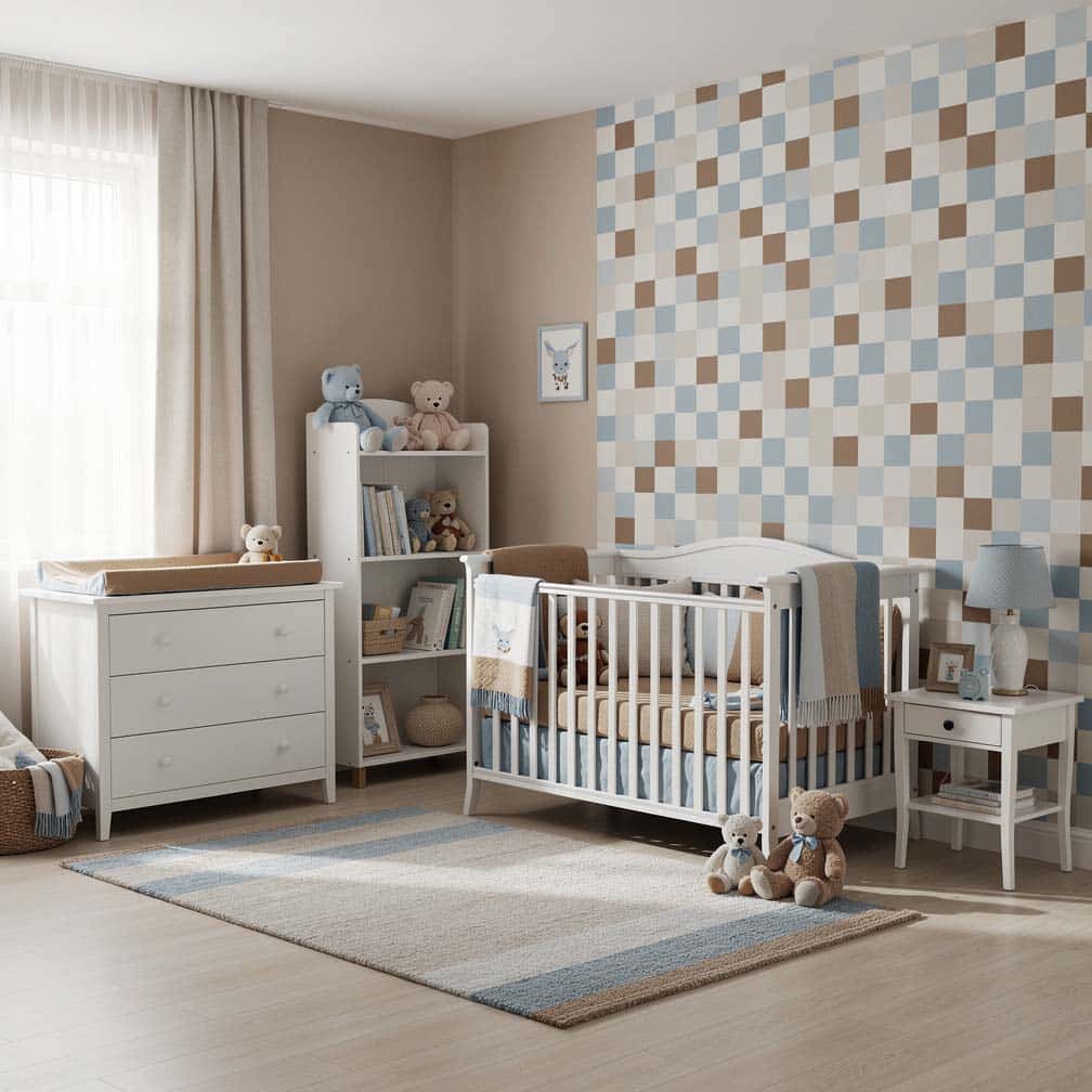 fun child's nursery is painted in beige with a whimsical blue, brown, and white checkered pattern. Color-coordinated