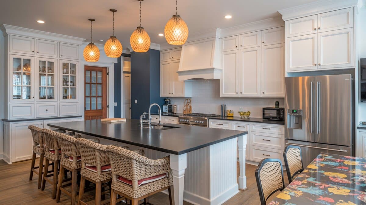 Open white kitchen with large black granite island, wicker bar stools, amber woven pendant lights and navy accent wall