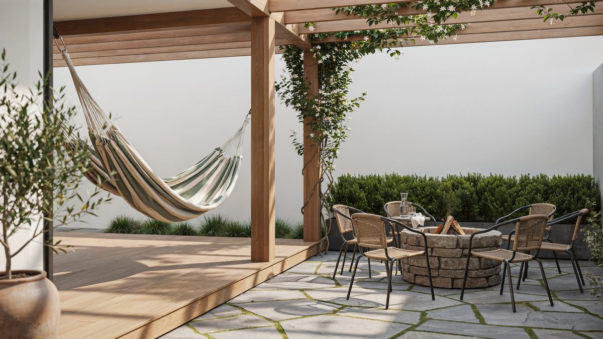 Teak trellis patio with hammock and cafe chairs around a stone fire pit