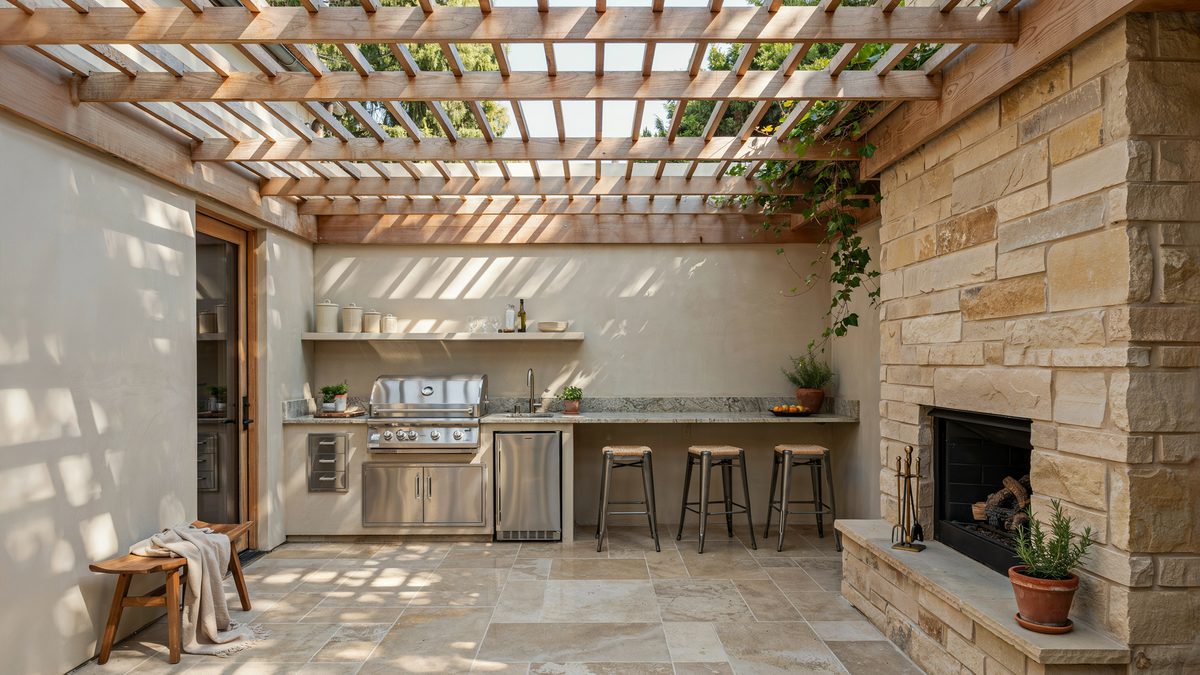 Maple trellis patio with granite tile, outdoor kitchen counter and bar stools