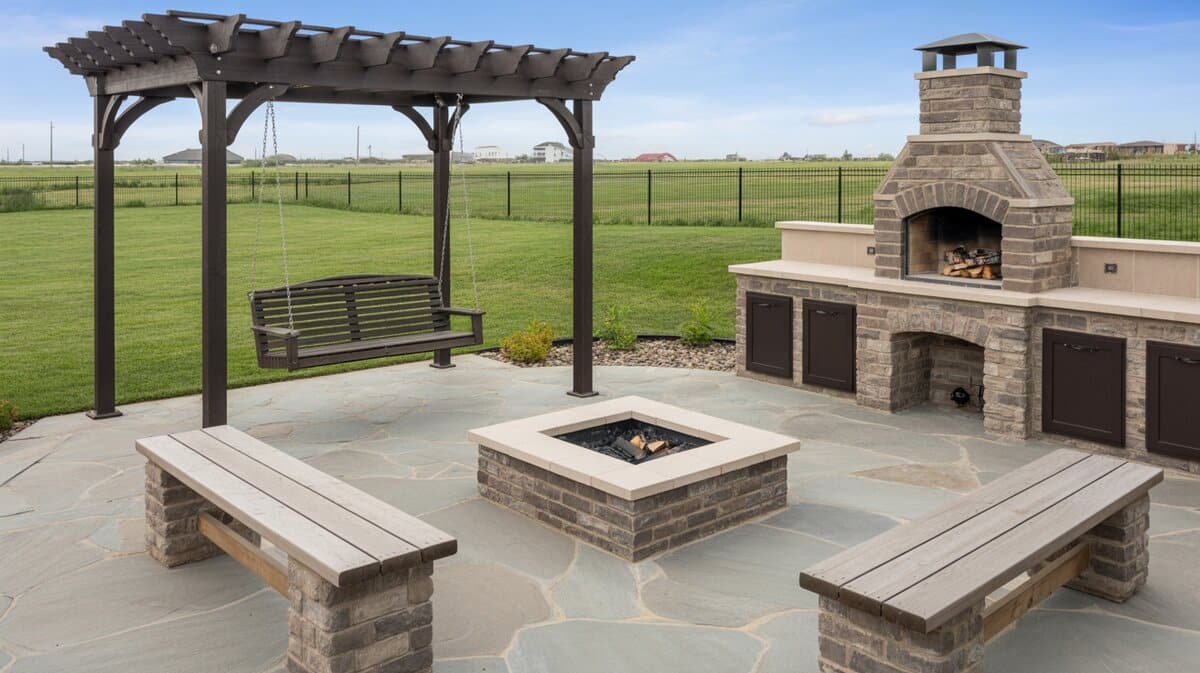 Dark pergola with hanging bench swing on flagstone patio beside square fire pit and stone arched outdoor kitchen