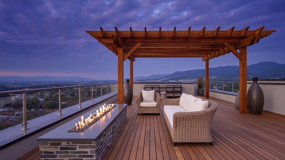 Cedar rooftop pergola on teak deck with long linear gas fire feature and panoramic city view at dusk