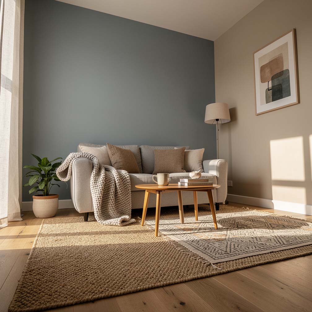 small living room space has a Nantucket fog feature wall facing a beige-painted wall with an adjacent wall with a