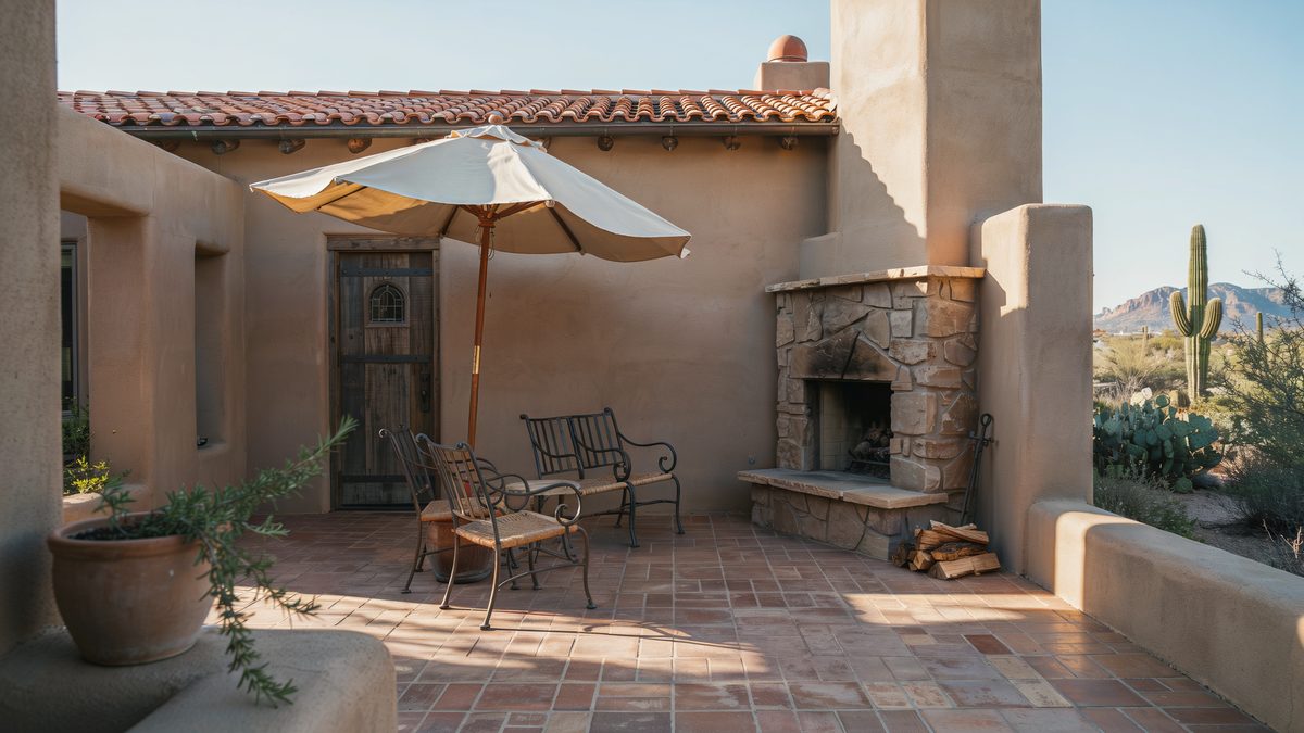 Southwestern back door patio with bent iron seating and sun umbrella