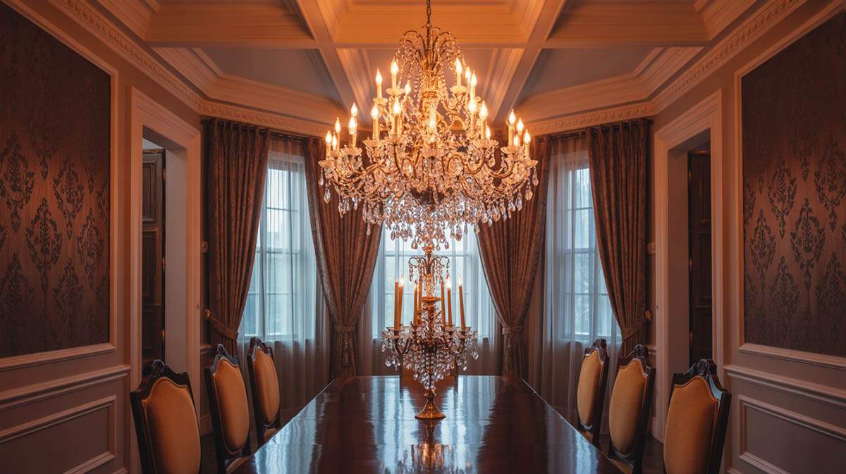 Decorative chandelier over a classic dining setting