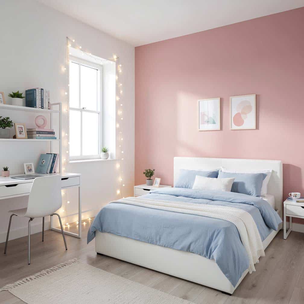 teen bedroom design pairs light blue painted walls with a pink accent ceiling. Other decor items further bring out the