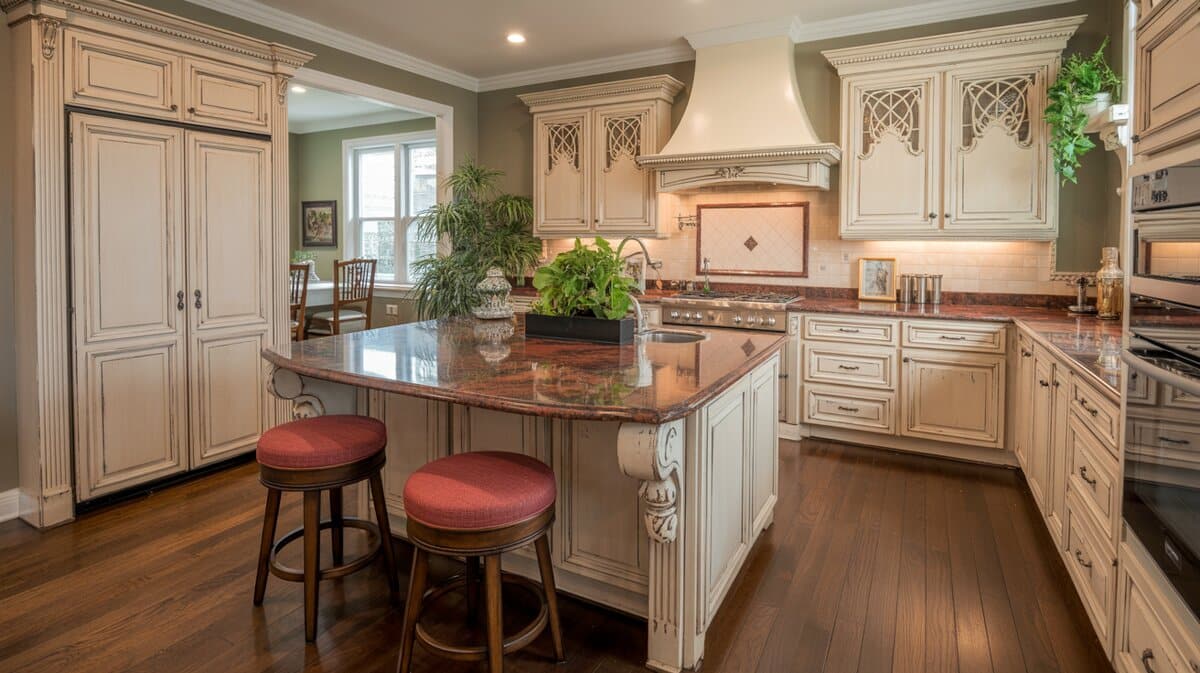 Ornate cream antique kitchen with scrolled range hood, rich red Imperial Red granite island and two round red bar stools
