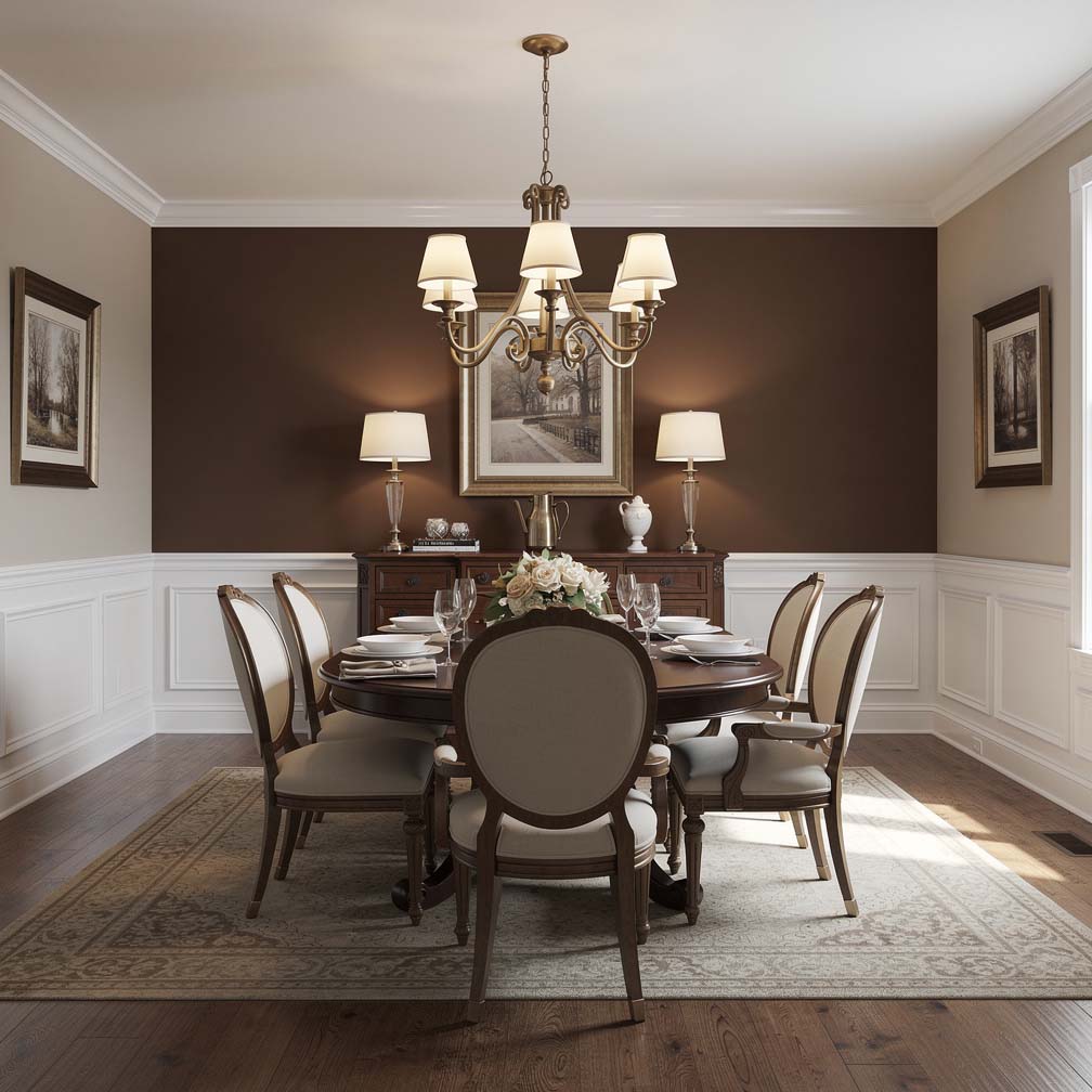 elegant traditional dining room has white wainscoting with beige paint for the walls combined with a mocha brown feature