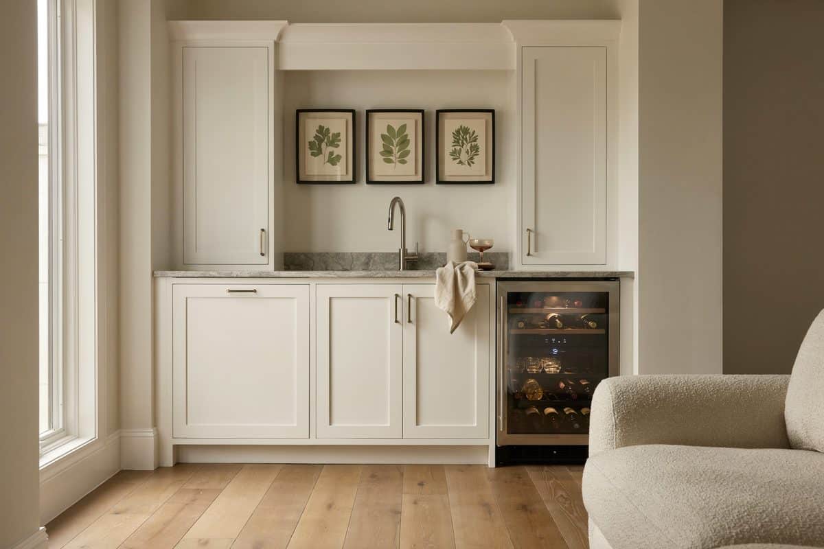 White built in wet bar alcove with undercounter wine fridge and framed prints