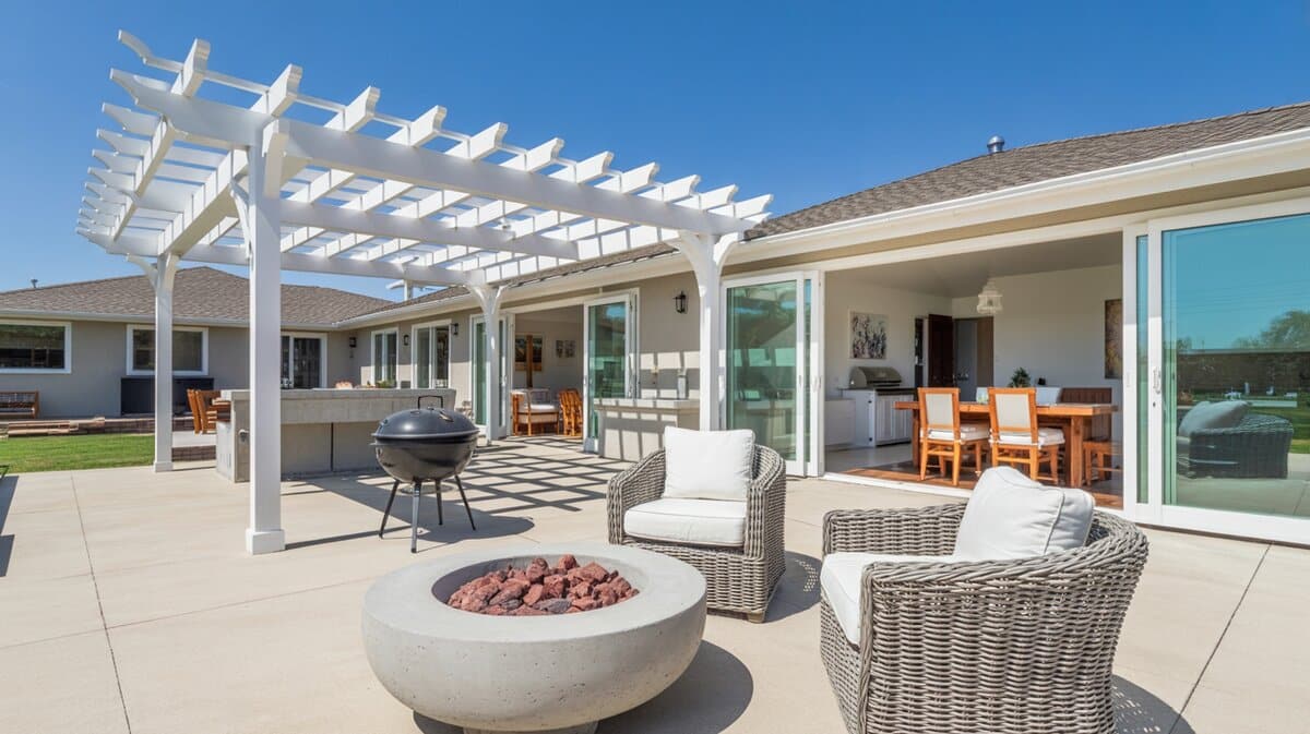 White lattice pergola on concrete patio with round concrete fire bowl and wicker armchairs near sliding doors