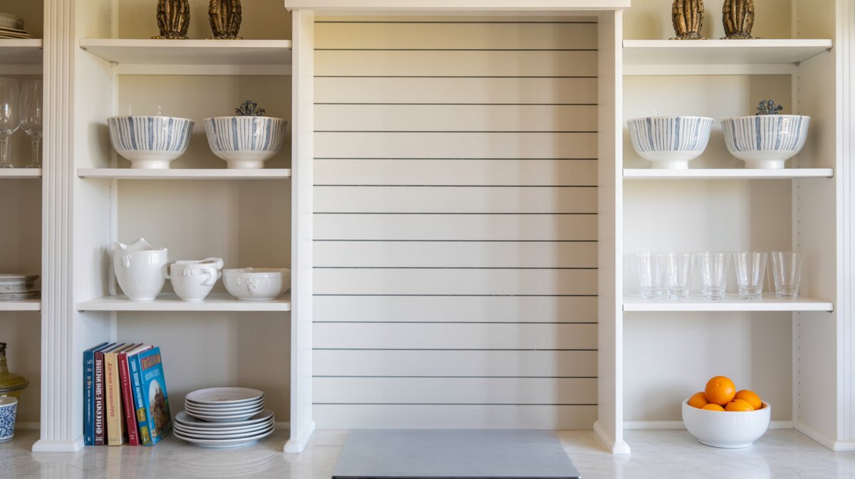White shiplap wallpaper panel between built-in open shelves displaying white dishware and cookbooks