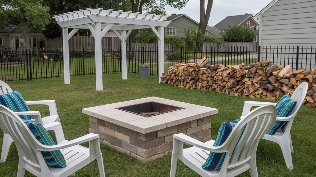 White wood pergola on grass lawn with square stone fire pit and large firewood stack along fence