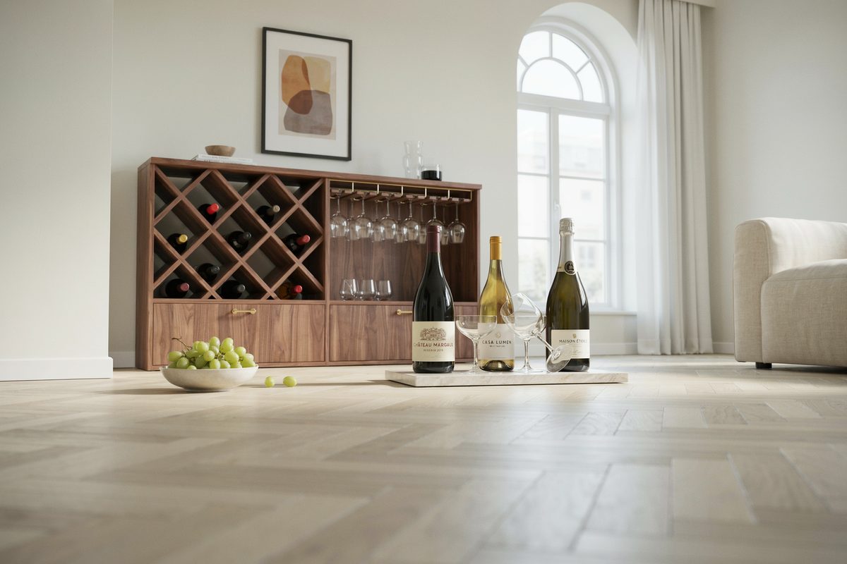Walnut cabinet with diamond wine rack and hanging stemware storage below