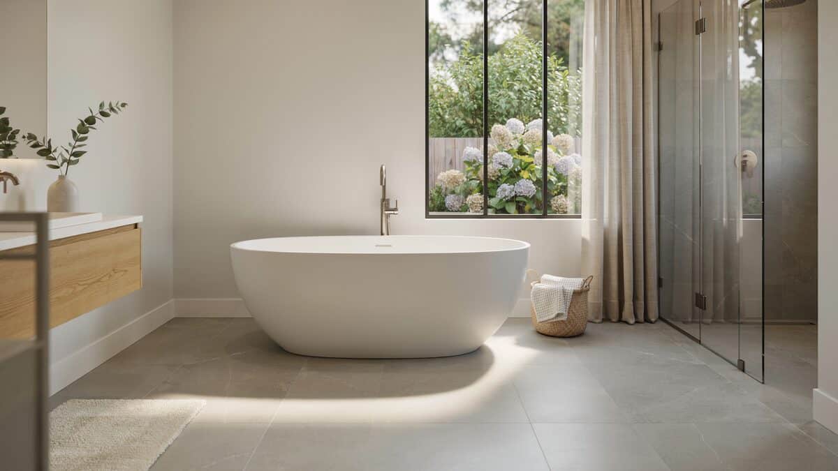 White freestanding oval tub beside arched garden window on large porcelain tile floor