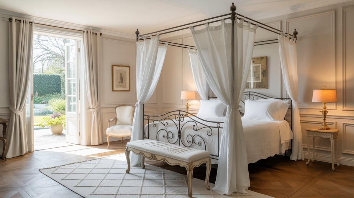 Iron four-poster canopy bed with white sheers and carved French bench at the foot