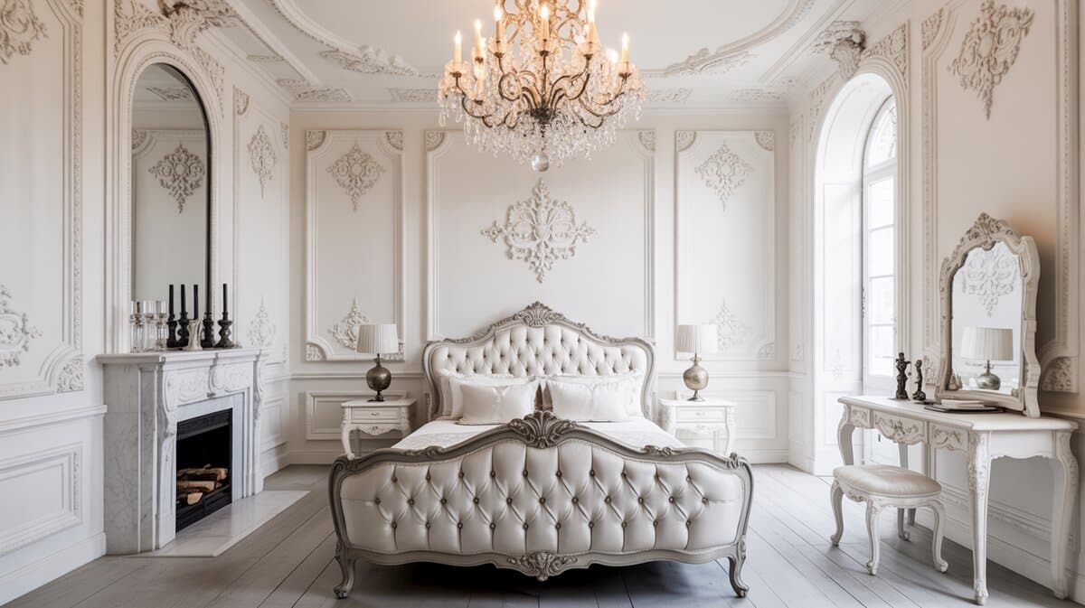 All-white Rococo bedroom with crystal chandelier and ornate silver tufted bed
