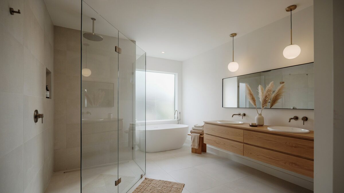 Glass walk in shower and long double wood vanity with globe pendant lights